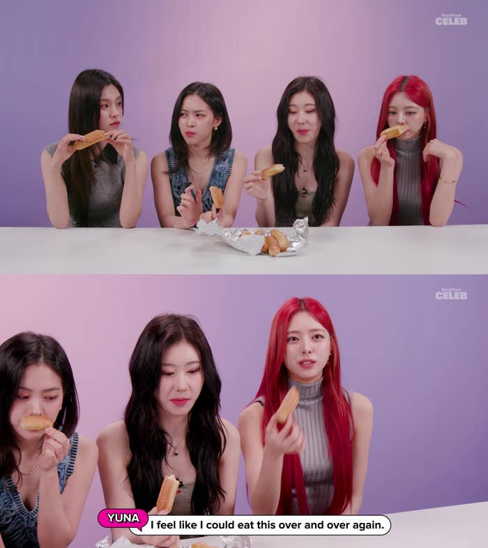 Yuna, Lia, Ryujin, Chaeryeong, and Yeji from Itzy enjoy food together at a table. Yuna says, "I feel like I could eat this over and over again."