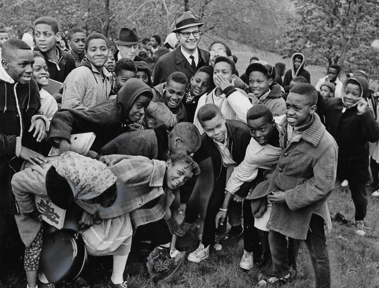 Crouse Elementary School students attend a groundbreaking ceremony May 15, 1967, for a public swimming pool at Perkins Woods Park in Akron. Mayor John S. Ballard and Beacon Journal Charity Fund leader Bert A. Polsky stand in the middle.