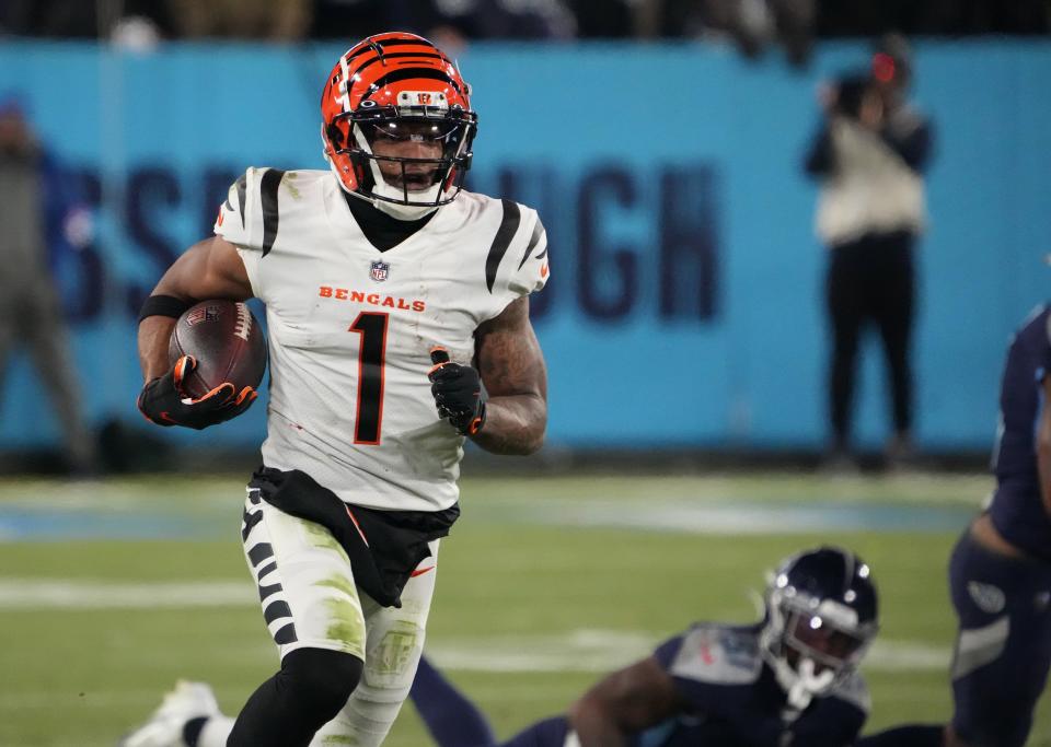 Cincinnati Bengals wide receiver Ja'Marr Chase runs after a catch during the second half against the Tennessee Titans at Nissan Stadium.