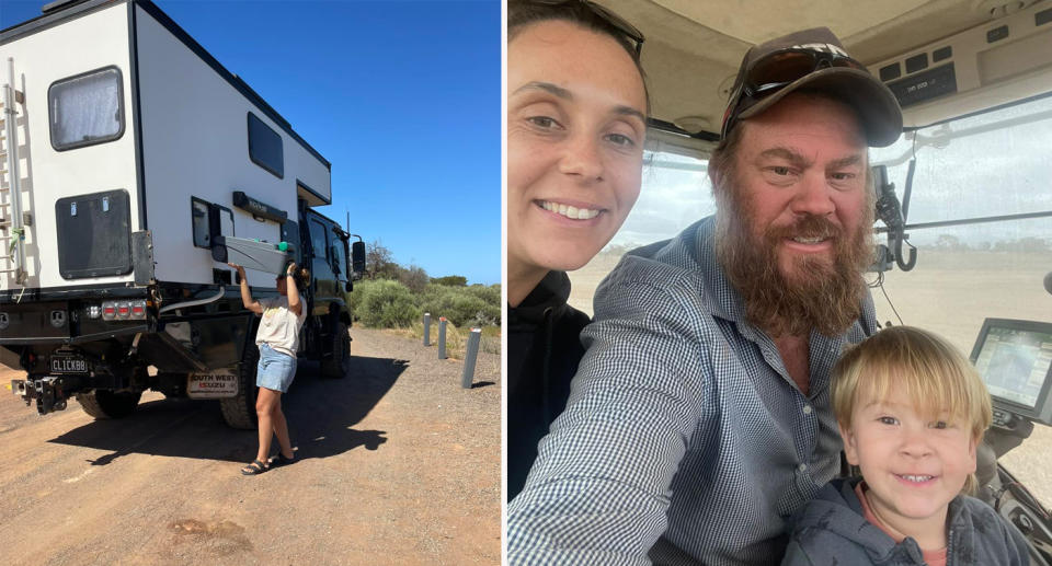 Bec fiddling with the truck (left) and a family selfie at the front of the truck (right). 