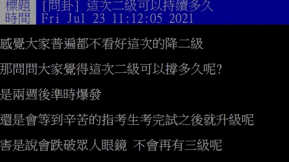 網友好奇問這次二級可以持續多久？（圖／PTT網友授權提供）