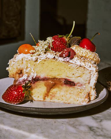 <p>Alex Lau</p> Tres leches cake with amaranth and berries