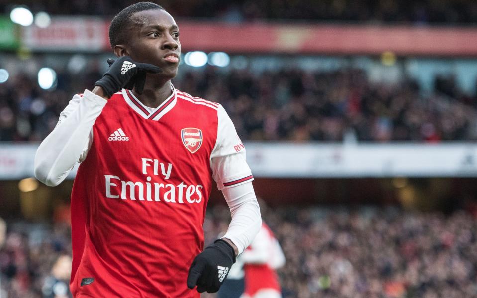 Eddie Nketiah of Arsenal FC celebrates after scoring 1st goal during the Premier League match between Arsenal FC and Everton FC at Emirates Stadium on February 23, 2020 in London, United Kingdom - Getty Images