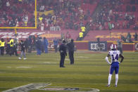 Buffalo Bills wide receiver Stefon Diggs stands on the field after the AFC championship NFL football game against the Kansas City Chiefs, Sunday, Jan. 24, 2021, in Kansas City, Mo. The Chiefs won 38-24. (AP Photo/Jeff Roberson)