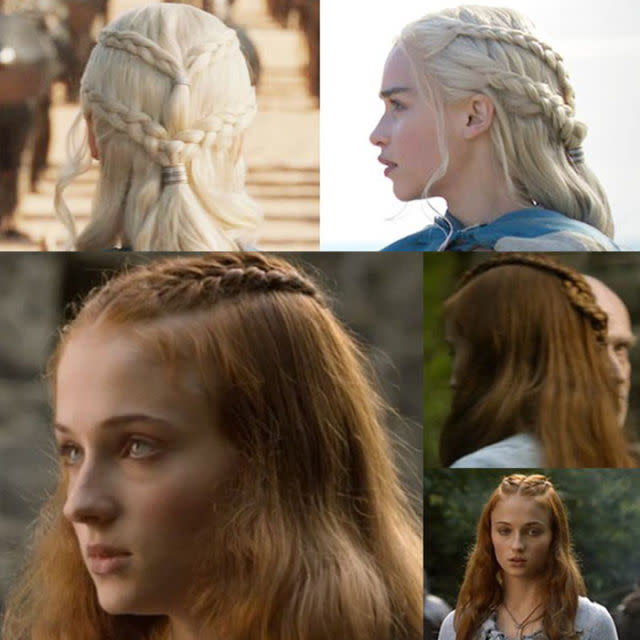 <p>One of Sansa's most iconic looks doesn't get a ton of attention are these awesome braids over cascading hair from Season 1-which is pretty reminiscent of the way a certain Khaleesi loves to wear her hair. Unlike most of her meaningful styles, this one couldn't have been directly influenced by another character (we're almost at the end of Season 7 and these two characters still haven't met), but it's easy to wonder if the <em>Thrones</em><span> Powers That Be were dropping a subtle hint. </span></p>