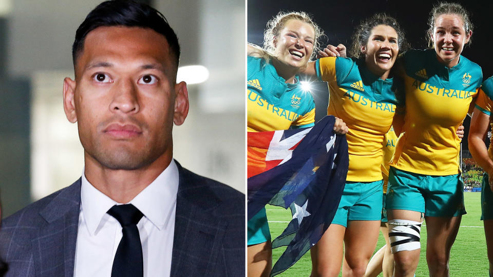 Israel Folau and the Aussie women's rugby team, pictured here after winning gold in 2016.