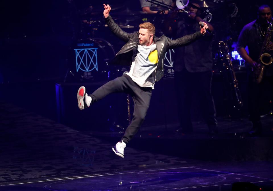 Justin Timberlake performs at Talking Stick Resort Arena during The Man of the Woods Tour in Phoenix, Ariz. March 5, 2019.