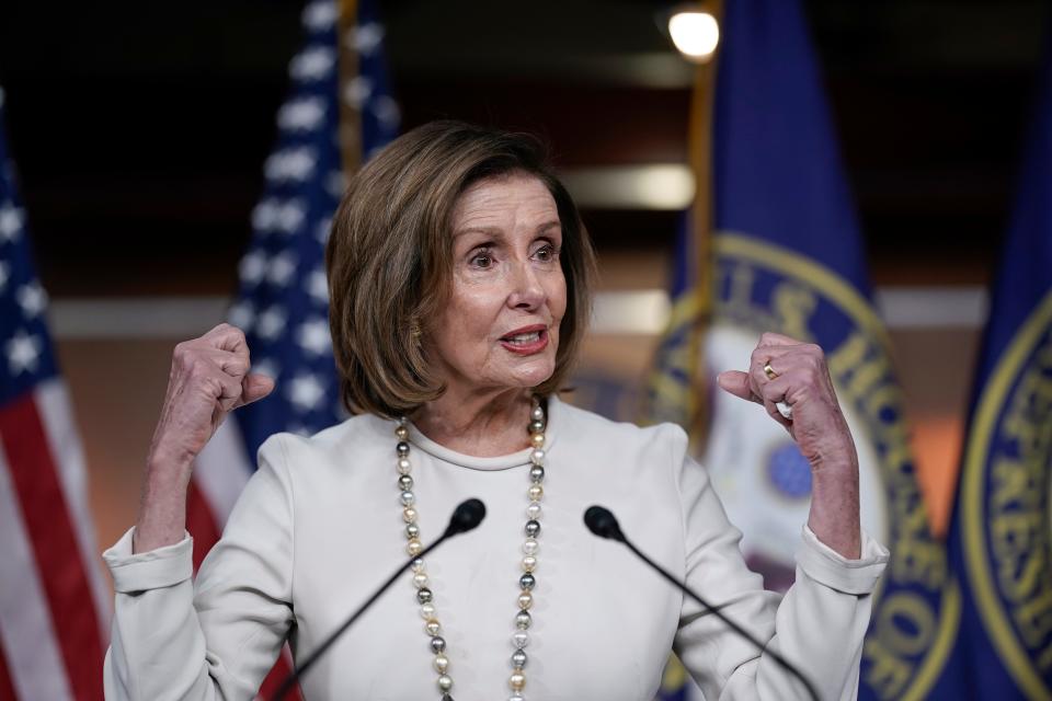 Speaker of the House Nancy Pelosi, D-Calif., updates reporters as Congress moves urgently to head off a looming U.S. rail strike, during a news conference at the Capitol in Washington, Thursday, Dec. 1, 2022. (AP Photo/J. Scott Applewhite) ORG XMIT: DCSA112