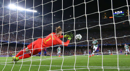 FILE PHOTO: Football Soccer - FC Barcelona v Celtic - UEFA Champions League Group Stage - Group C - The Nou Camp, Barcelona, Spain - September 13, 2016. Celtic's Moussa Dembele has his penalty saved by Barcelona's Marc-Andre ter Stegen. REUTERS/Paul Hanna/Livepic/File Photo