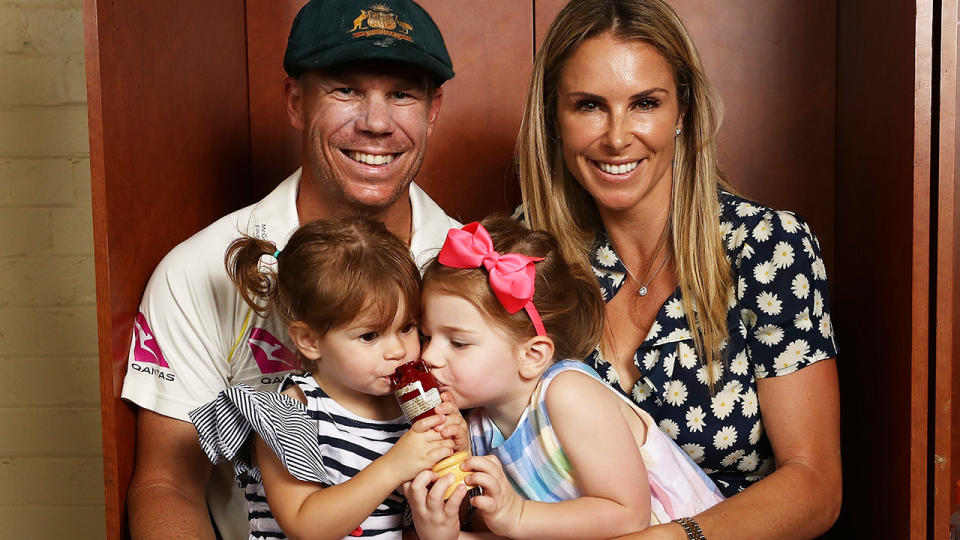 David Warner, pictured here with wife Candice and daughters Indi and Ivy after Australia's victory in the 2017/18 Ashes series.