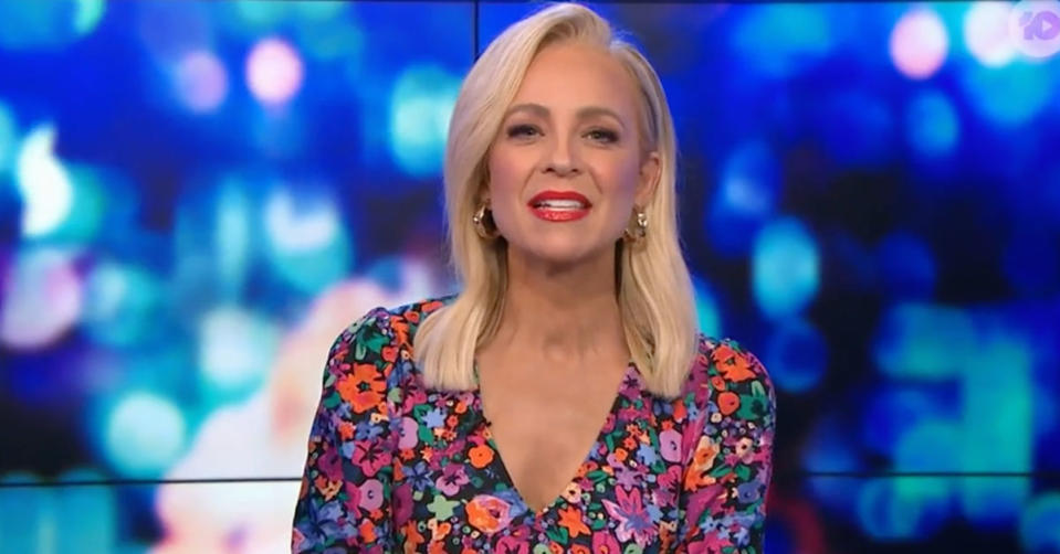 The Project host Carrie Bickmore on set, talking to camera