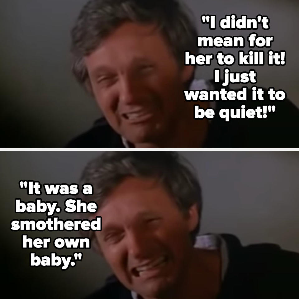 Hawkeye cries that he didn't mean for the woman to kill it, and that he just wanted it to be quiet, but it was a baby, and she smothered it