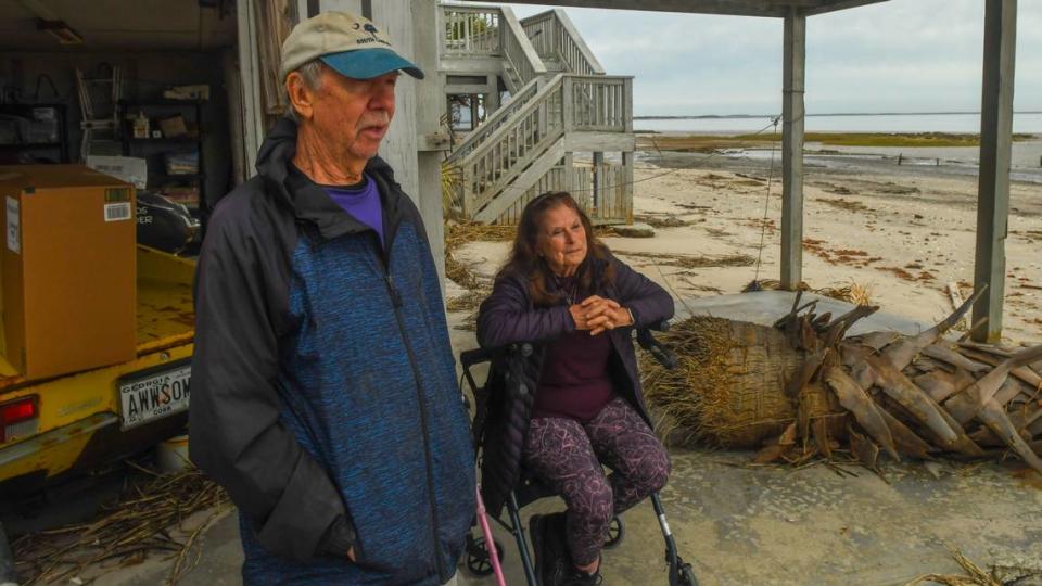 Jerry and Vivian Wayne talk to reporters on the afternoon of Jan. 23, 2024 outside their home on Saltwind Drive in Coffin Point on St. Helena Island. The Waynes have experienced substantial erosion of their St. Helena Sound property that they believe has been accelerated by seawalls erected by other estuarine land property owners near them.