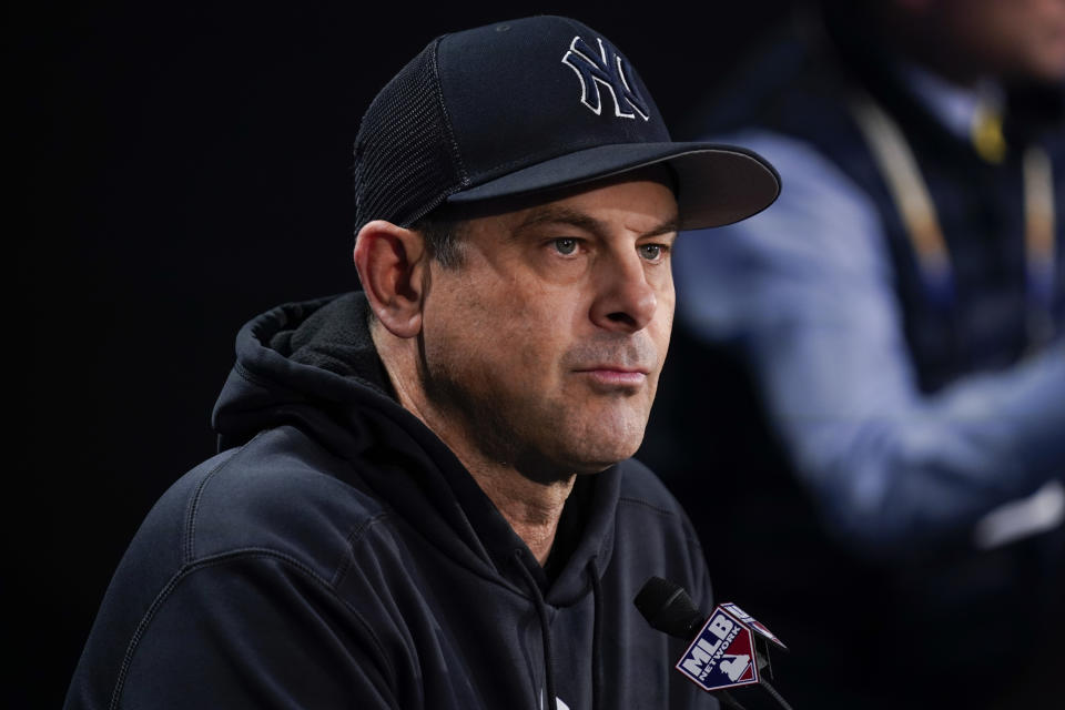 New York Yankees manager Aaron Boone speaks to reporters before a Game 4 of an American League Championship baseball series at Yankee Stadium, Sunday, Oct. 23, 2022, in New York. (AP Photo/Seth Wenig)