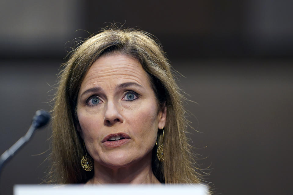 Supreme Court nominee Amy Coney Barrett speaks during a confirmation hearing before the Senate Judiciary Committee, Tuesday, Oct. 13, 2020, on Capitol Hill in Washington. (AP Photo/Susan Walsh, Pool)