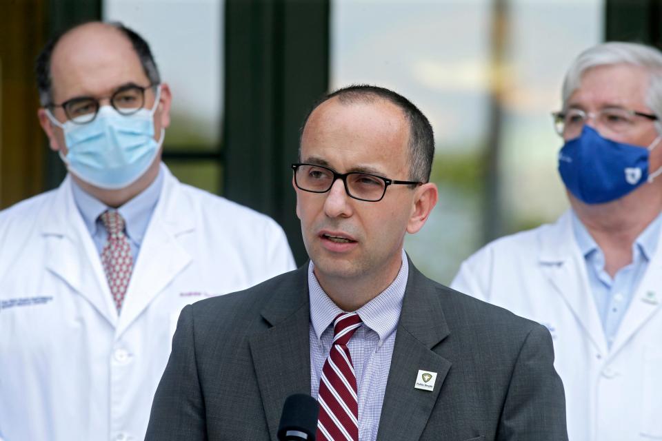 Health Commissioner Joe Mazzola, MPA, of Franklin County Public Health speaks at Columbus Public Health as medical professionals gathered Thursday to issue a mask advisory for indoor spaces in Franklin County on Thursday, August 5, 2021. The group also urged people to get vaccinated against Covid-19.