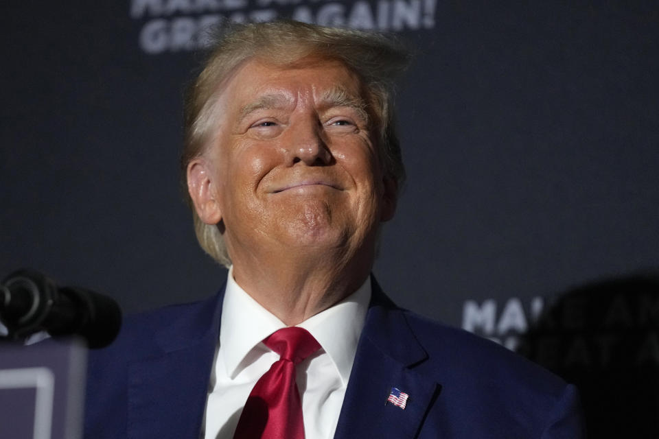 Republican presidential candidate former President Donald Trump speaks at a campaign rally, Tuesday Aug. 8, 2023, at Windham High School in Windham, N.H. (AP Photo/Robert F. Bukaty)