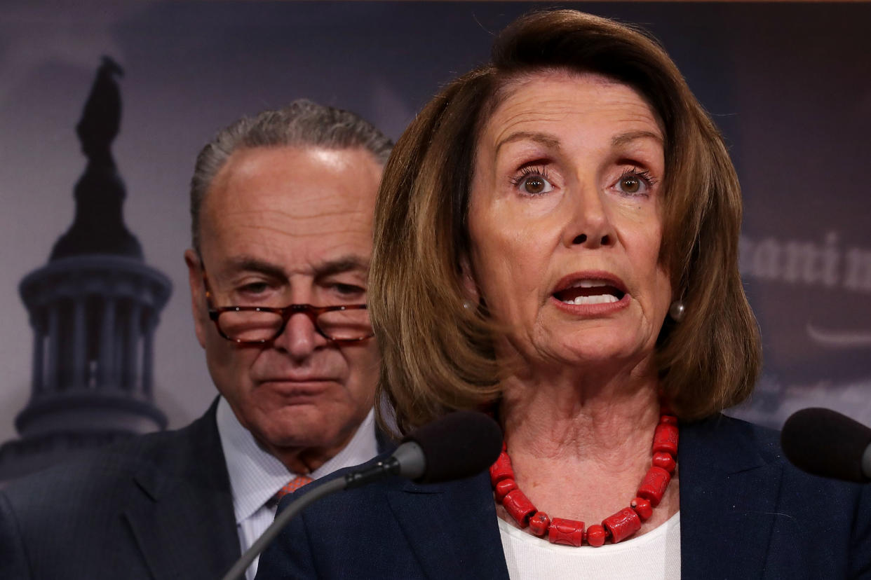 House Minority Leader Nancy Pelosi, D-Calif., and Senate Minority Leader Chuck Schumer, D-N.Y., hold a news conference on Oct. 4. (Photo: Chip Somodevilla/Getty Images)