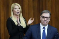 Serbia's President Aleksandar Vucic, right, attends a special session of Serbia's parliament about the negotiations' process with Kosovo in Belgrade, Serbia, Thursday, Feb. 2, 2023. Serbia fought a 1998-99 war with ethnic Albanian separatists in Kosovo, which at the time was a Serbian province. A NATO intervention that forced Serbia to pull out of the territory ended the war, but tensions over Kosovo's status remains a source of instability in the Balkans. (AP Photo/Darko Vojinovic)