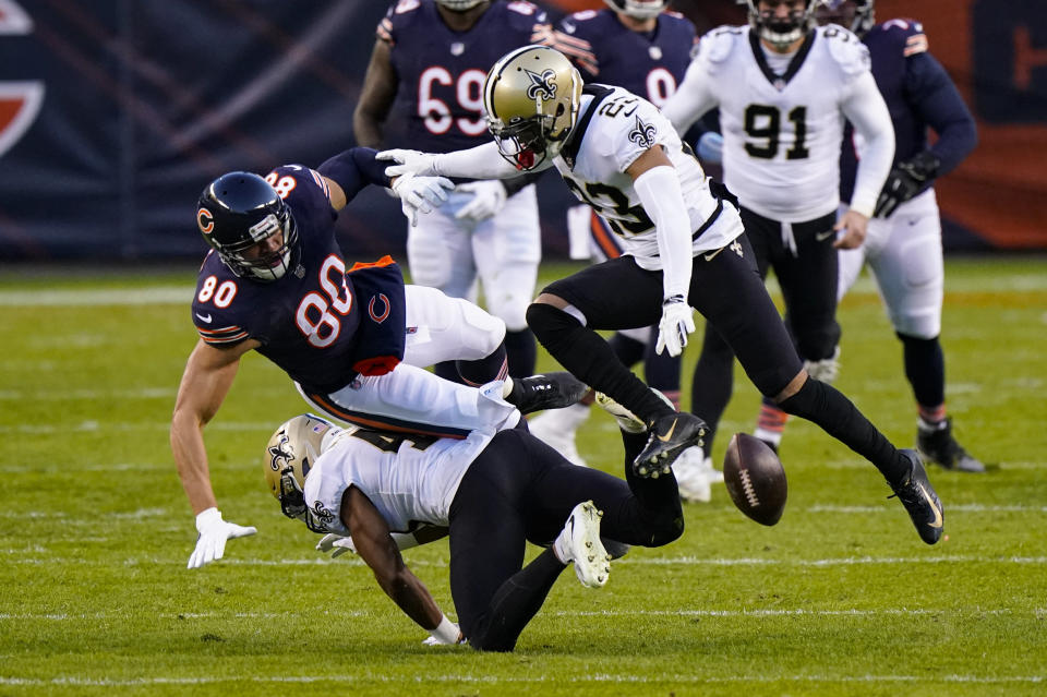 New Orleans Saints cornerback Marshon Lattimore (23) breaks up a pass intended for Chicago Bears tight end Jimmy Graham (80) in the first half of an NFL football game in Chicago, Sunday, Nov. 1, 2020. (AP Photo/Nam Y. Huh)