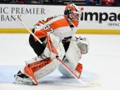 Oct 30, 2018; Anaheim, CA, USA; Philadelphia Flyers goalie Brian Elliott (37) defends the goal against the Anaheim Ducks in the first period at Honda Center. Mandatory Credit: Kirby Lee-USA TODAY Sports