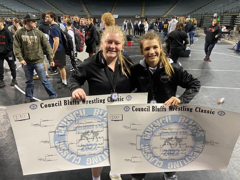 Raccoon River Wrestling's Aleah Johnson (190 pounds) and Katie Bischoglia (100) took first place at the Council Bluffs Wrestling Classic on Saturday, Dec. 10, 2022.