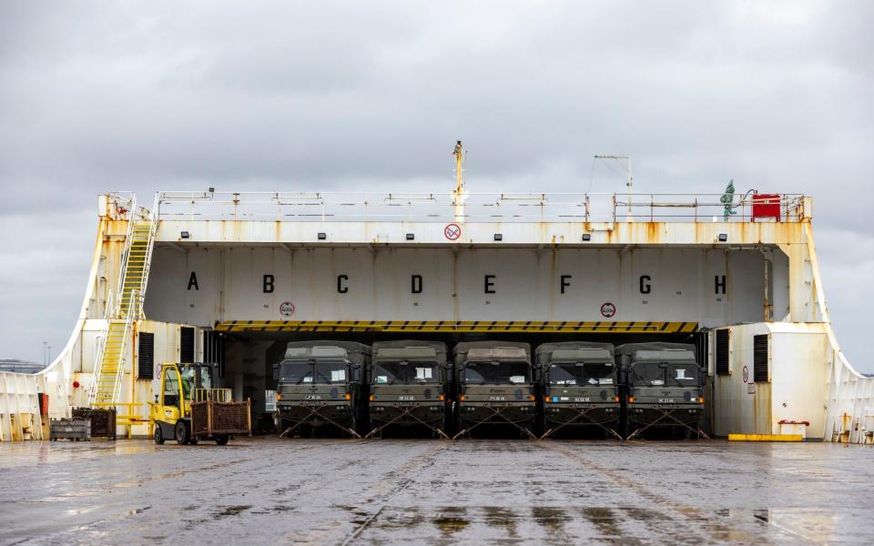 Military vehicles loaded aboard the Anvil Point in February 2024, en route for major NATO exercises in eastern Europe. You can fit a lot of equipment aboard a Point class RO-RO