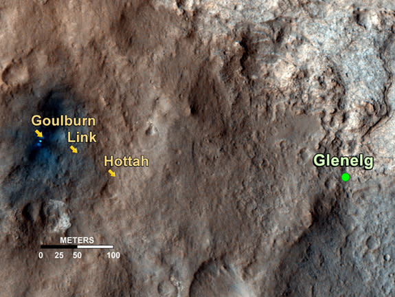 This map shows the path on Mars of NASA's Curiosity rover toward Glenelg, an area where three terrains of scientific interest converge. Arrows mark geological features encountered so far that led to the discovery of what appears to be an ancien