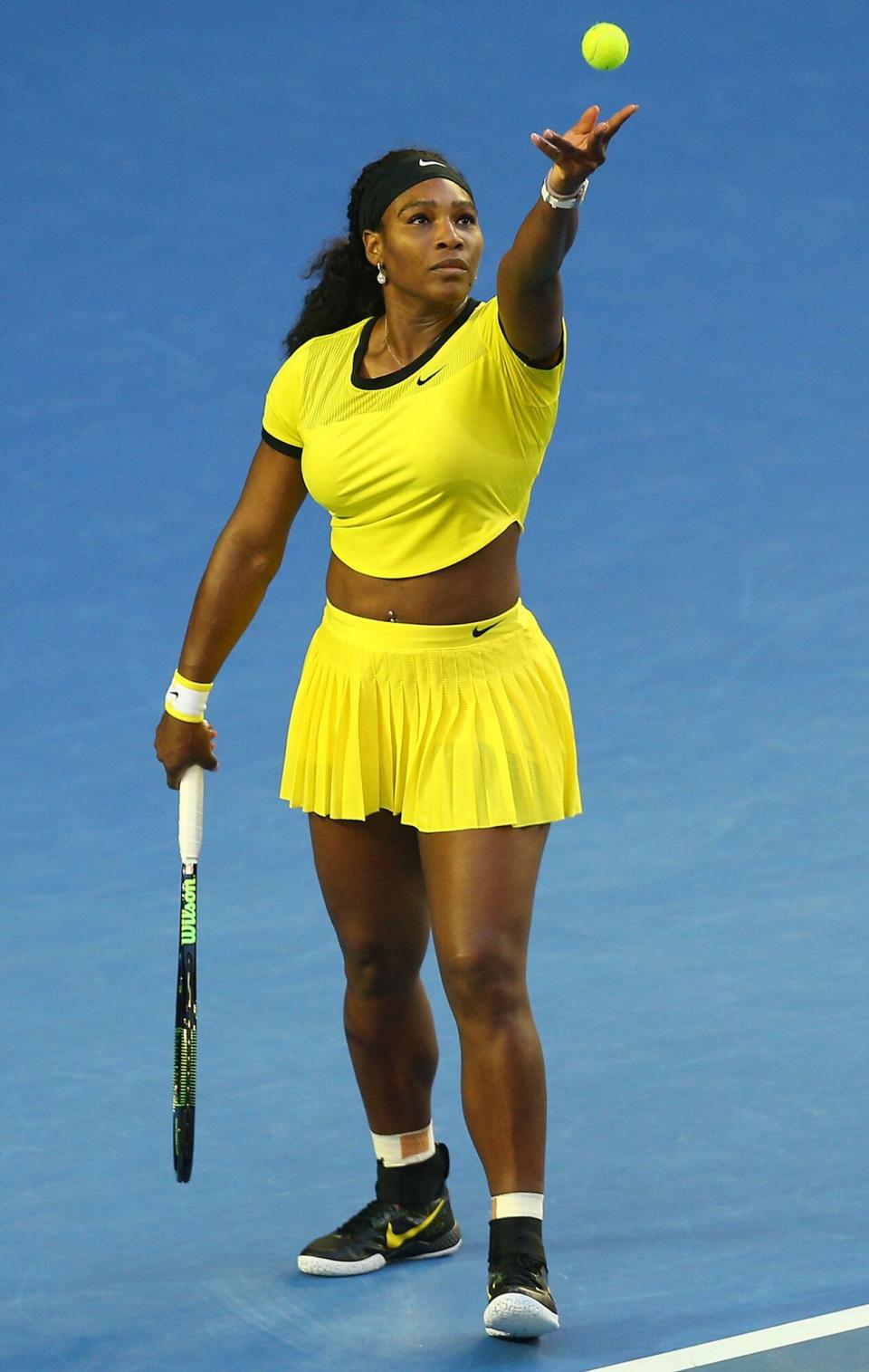 Serena Williams of the United States serves in her Women's Singles Final match against Angelique Kerber of Germany during day 13 of the 2016 Australian Open at Melbourne Park on January 30, 2016 in Melbourne, Australia