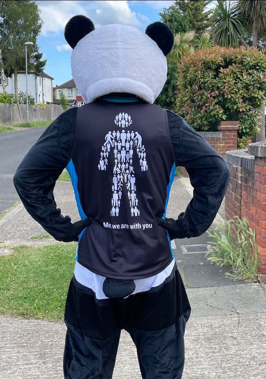 Hayden Harbud is hoping to become the fastest person to run a marathon dressed as a panda when he takes on the London course on Sunday (Hayden Harbud/PA)