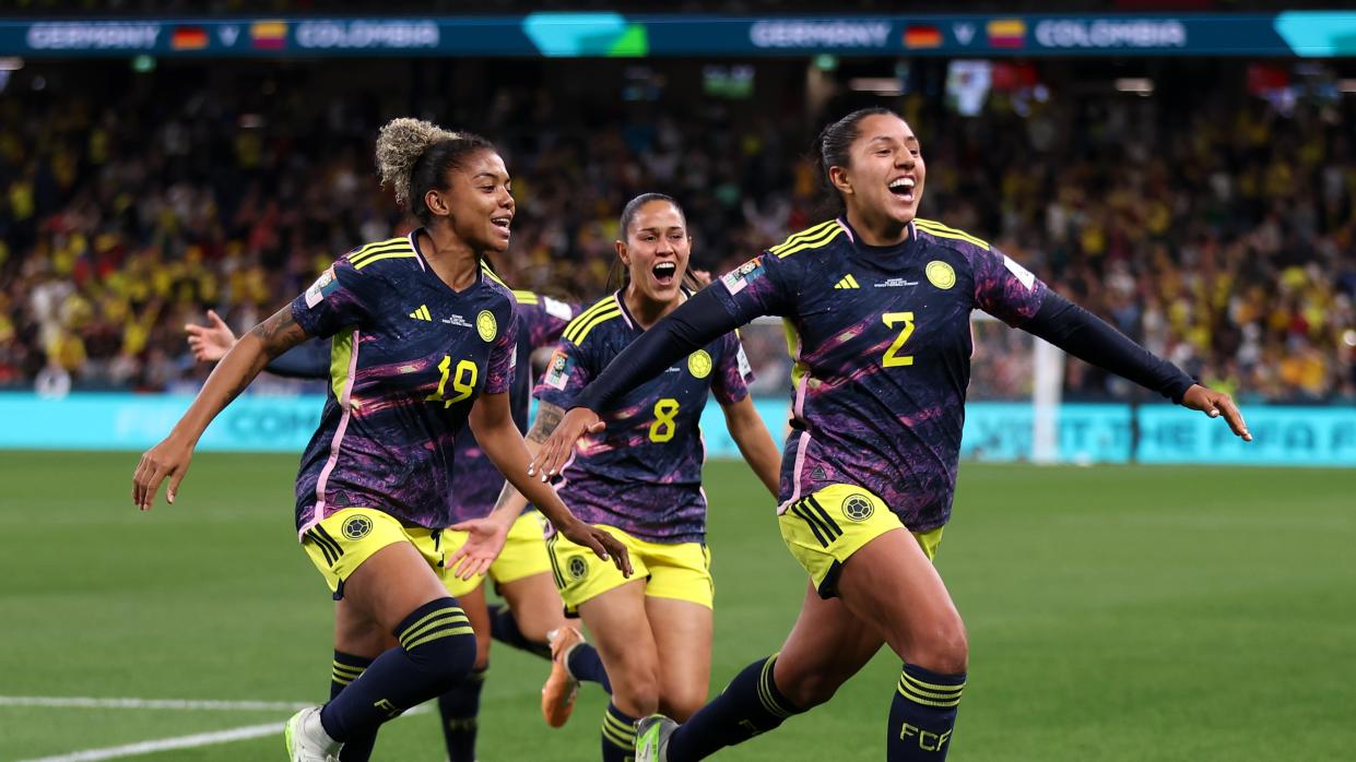  Manuela Vanegas of Colombia celebrates with teammates after scoring ahead of Columbia vs Jamaica in the 2023 Women's World Cup. 