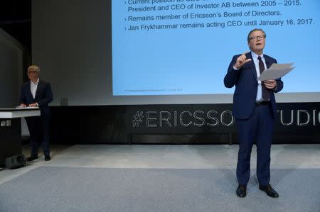 Ericsson Chairman of the board Leif Johansson presents Borje Ekholm as the new CEO for the Swedish telecom company Ericsson during a press conference at the company's headquarters in Kista, Stockholm, Sweden October 26, 2016. TT News Agency/Janerik Henriksson/ via REUTERS