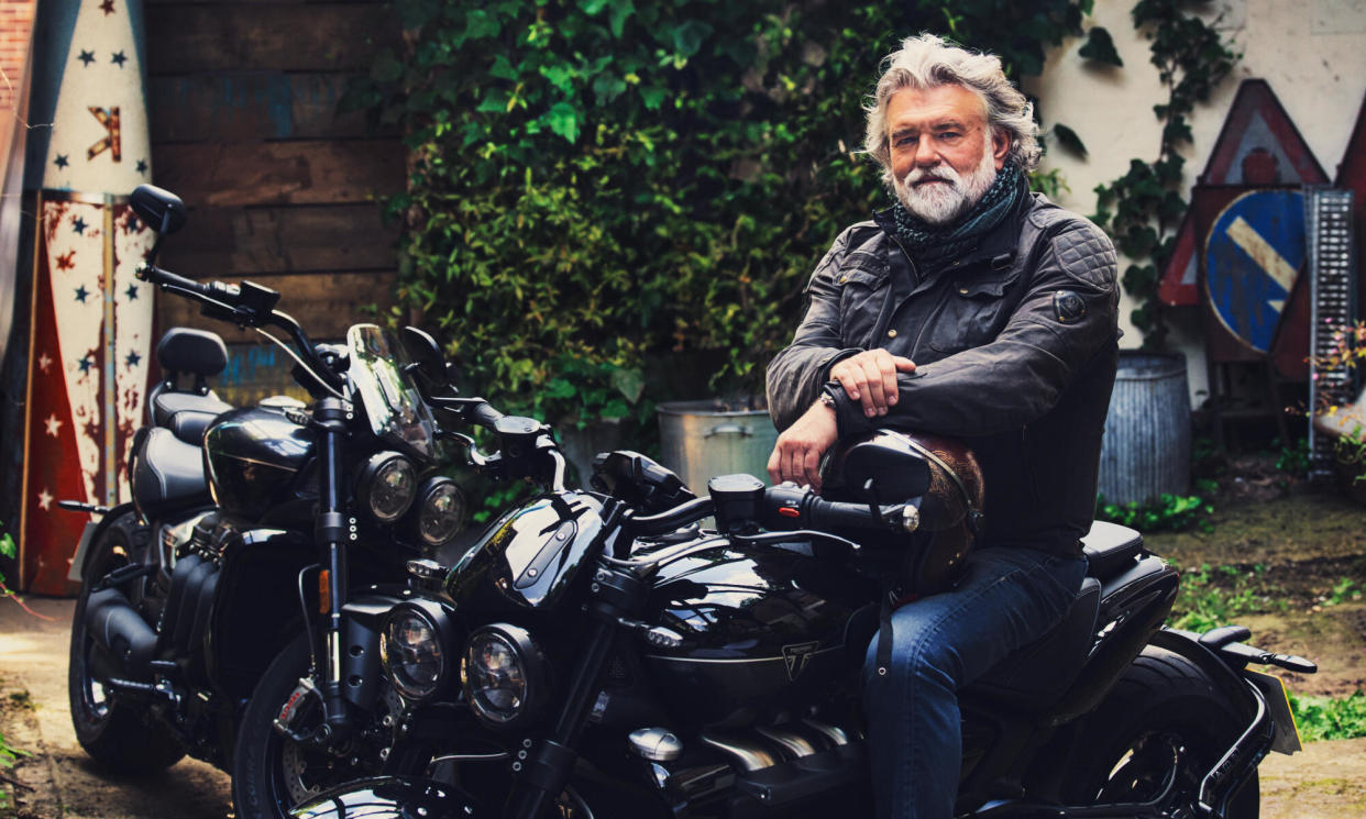 <span>‘We wanted to say to the audience that if we can cook this in a gale in Patagonia, you can definitely cook it at home’: Hairy Biker Si King on a new Triumph Rocket III.</span><span>Photograph: Simon Emmett/The Observer</span>