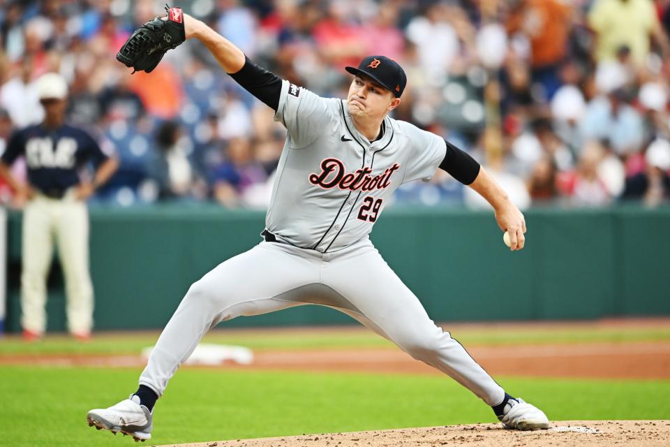 Detroit Tigers starter Tarik Skubal (29) throws a pitch against the Cleveland Guardians July 22 in Cleveland.