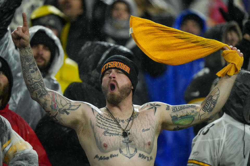 A spectator reacts during the second half of an NFL football game between the Baltimore Ravens and the Pittsburgh Steelers, Saturday, Jan. 6, 2024 in Baltimore. (AP Photo/Matt Rourke)