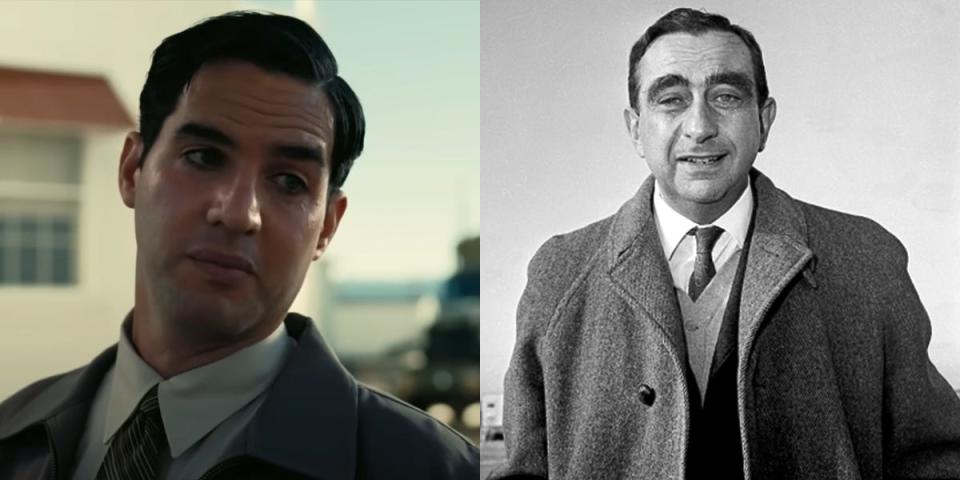 Benny Safdie as Dr. Edward Teller in "Oppenheimer" vs. a photo of Teller as he poses at the Atomic Energy Commission's Project Gnome in New Mexico on December 10, 1961.