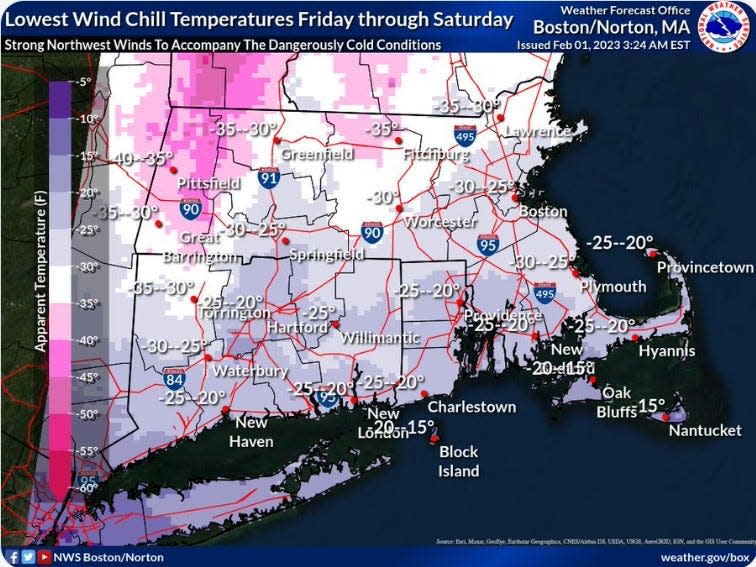 The wind chill could drop to 30 below zero in northern parts of Massachusetts late Thursday night, according to the Boston National Weather Service.