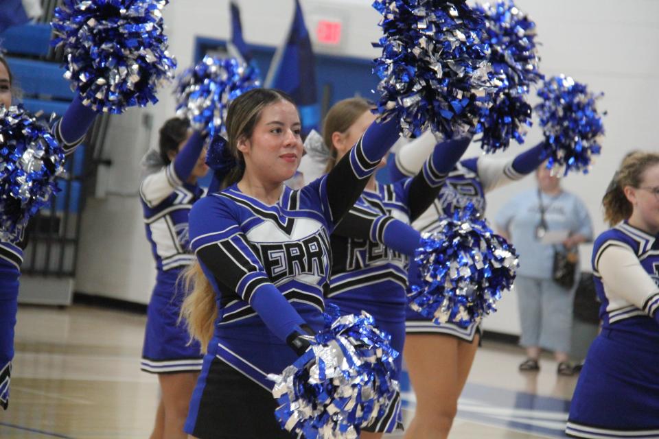 Alisson Diaz performs the school song during a homecoming coronation ceremony on Wednesday, Sept. 20, 2023.