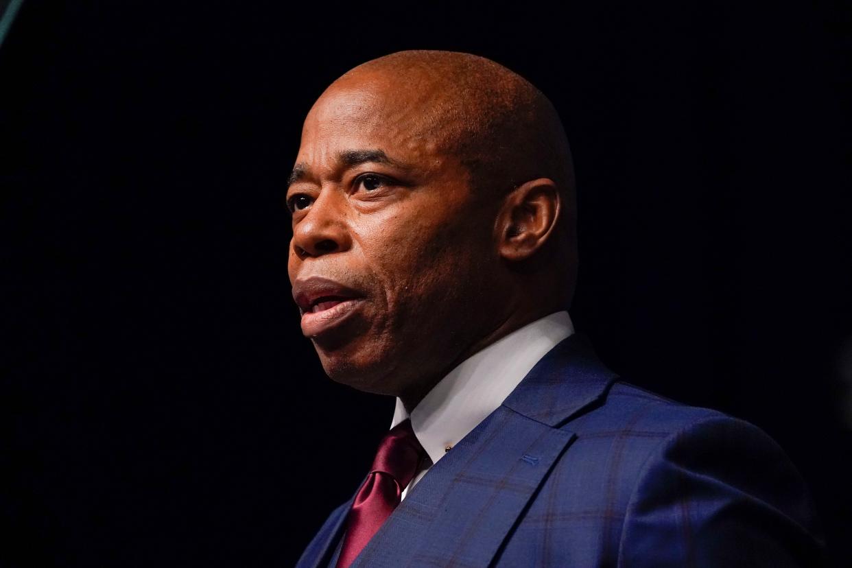 New York City Mayor Eric Adams speaks during the New York State Democratic Convention in Manhattan, New York, Feb. 17, 2022.