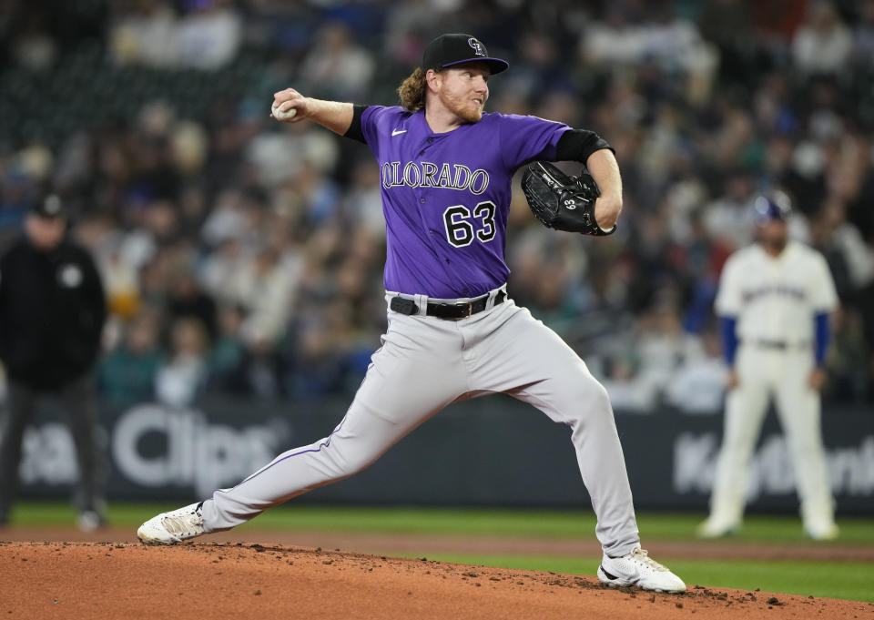 Colorado Rockies starting pitcher Noah Davis throws against the Seattle Mariners during the second inning of a baseball game Sunday, April 16, 2023, in Seattle. (AP Photo/Lindsey Wasson)