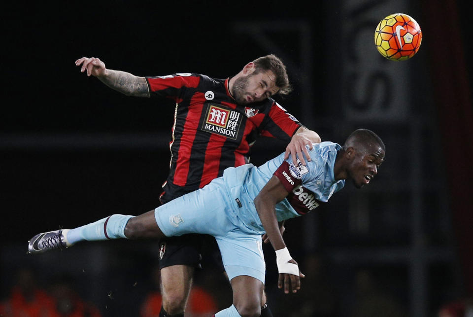 El centrocampista de Bournemouth Andrew Surman (I) y el delantero ecuatoriano Enner Valencia, del West Ham United, saltan a cabecear durante el partido de fútbol de la liga inglesa Inglés Premier en el Vitality Stadium, en Bournemouth, el 12 de enero de 2016. (AFP | ADRIAN DENNIS)