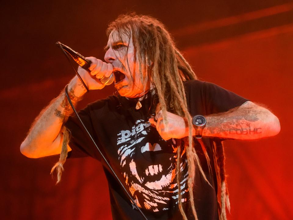 Lead vocalist Randy Blythe of the thrash metal band Lamb of God performs during their show Saturday, May 7, 2022, at the Peoria Civic Center.