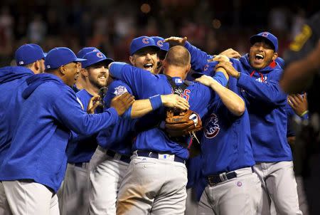 Apr 21, 2016; Cincinnati, OH, USA; Chicago Cubs celebrate after starting pitcher Jake Arrieta threw a no-hitter against the Cincinnati Reds at Great American Ball Park. The Cubs won 16-0. Mandatory Credit: David Kohl-USA TODAY Sports