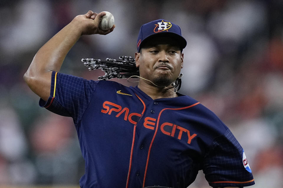 Houston Astros starting pitcher Luis Garcia delivers during the first inning of a baseball game against the San Francisco Giants, Monday, May 1, 2023, in Houston. (AP Photo/Kevin M. Cox)