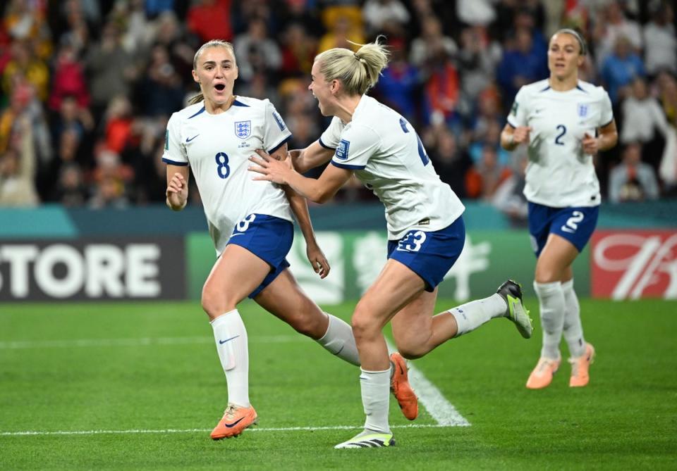 Georgia Stanway of England celebrates scoring a goal with Alessia Russo (EPA)