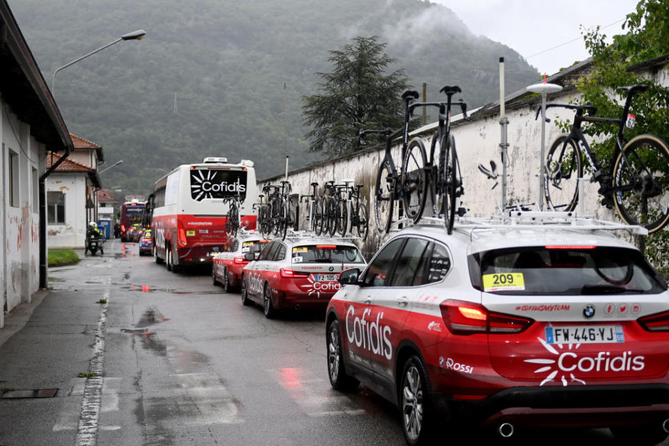 CRANSMONTANA SWITZERLAND  MAY 19 Team Cofidis cars on their way to the new start localisation during the 106th Giro dItalia 2023 Stage 13 a 75km stage from Le Chable to CransMontana  Valais 1456m  Stage shortened due to the adverse weather conditions  UCIWT  on May 19 2023 in CransMontana Switzerland Photo by Tim de WaeleGetty Images