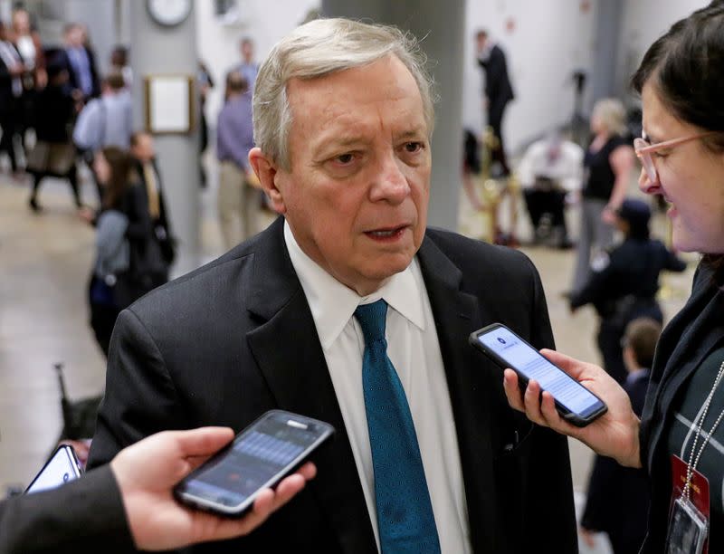 U.S. Sen. Durbin arrives for resumption of Trump impeachment trial on Capitol Hill in Washington