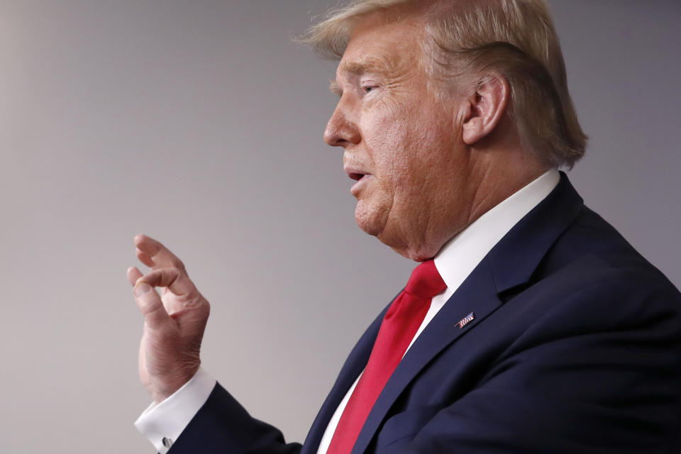 President Donald Trump speaks about the coronavirus in the James Brady Briefing Room, Thursday, March 26, 2020, in Washington. (AP Photo/Alex Brandon)