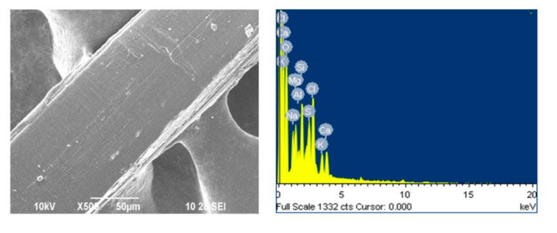 SEM/EDS (Scanning Electron Microscopy / Energy Dispersive Spectroscopy) images of polyethylene (PE) microplastics from sea salt.