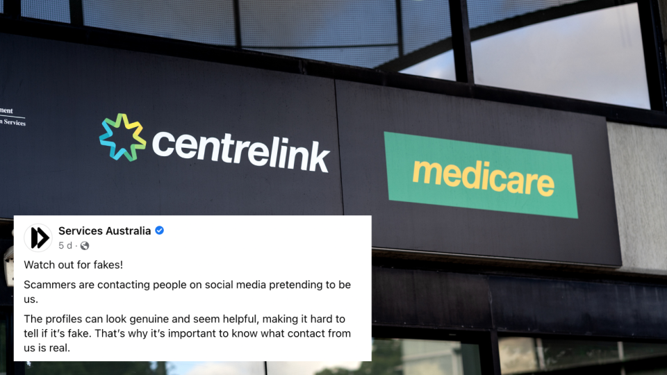 The Centrelink and medicare logos on the exterior of a building inset with a copy of the Services Australia warning about scams.